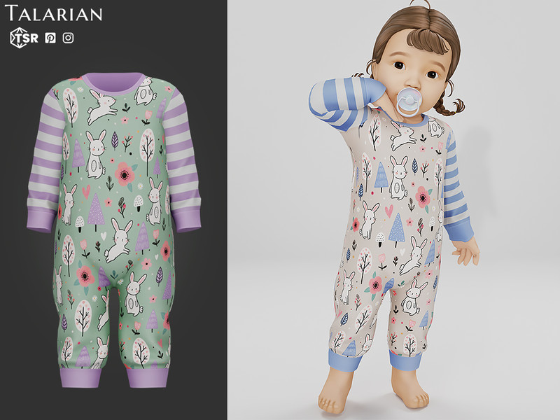 Sims 4 animal print and faux fur fashion CC Willow Onesie With Bunny Print And Striped Sleeves by talarian