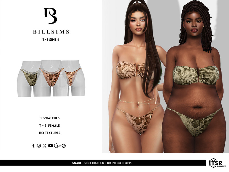 Sims 4 animal-inspired fashion CC Snake Print High Cut Bikini Bottoms by Bill_Sims