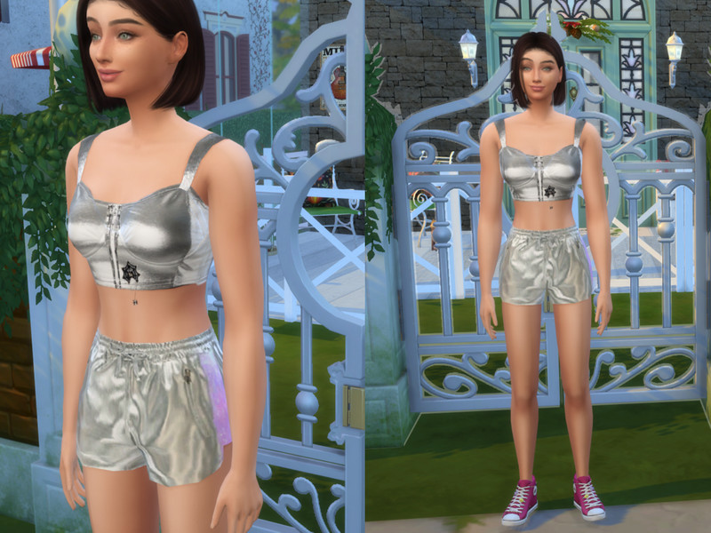 Sims 4 complete clothing set CC No Angel Liquid Silver Sporty Set by alisserpo82