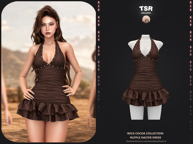 Sims 4 dress CC Wild Cocoa Collection - 2 Ruffle Halter Dress by busra-tr