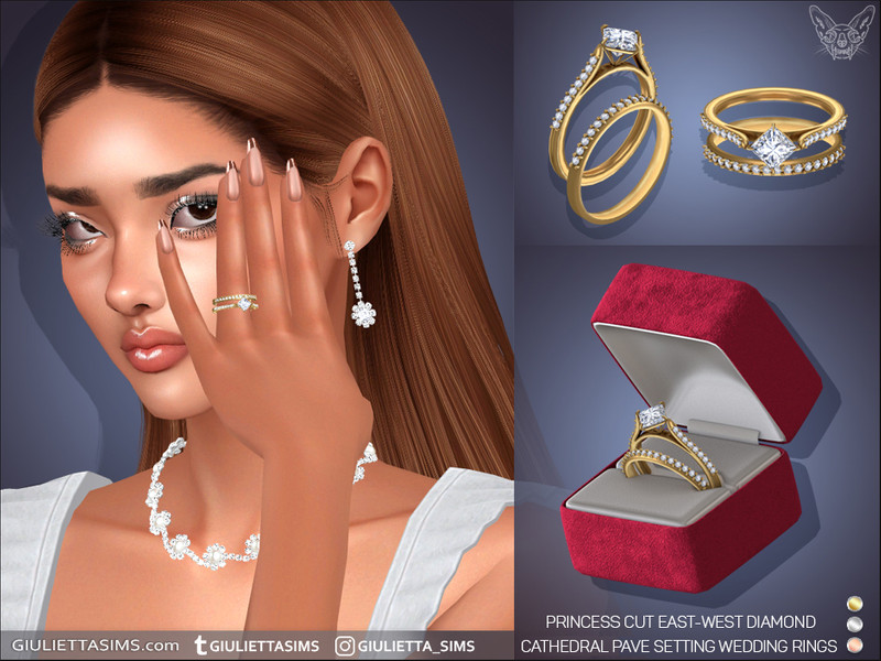 Sims 4 special occasion fashion CC Princess Cut East-West Diamond Cathedral Pave Setting Wedding Rings by feyona