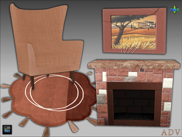 Sims 4 — ADV_Mabra_s4NookSet07_painting by MABRA2 — Set includes livingchair, fireplace, rug and painting