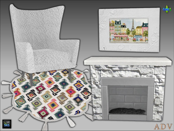 Sims 4 — ADV_Mabra_s4NookSet09_rug by MABRA2 — Set includes livingchair, fireplace, rug and painting
