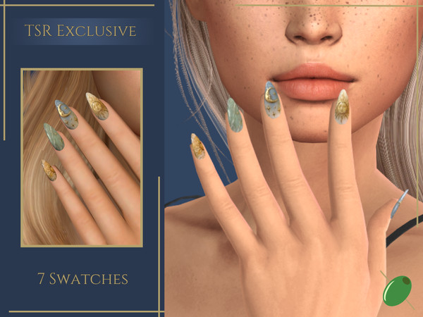 Sims 4 — Celestial Almond Nails by Pitted0live — Almond shaped nails with a celestial theme featuring moon and sun