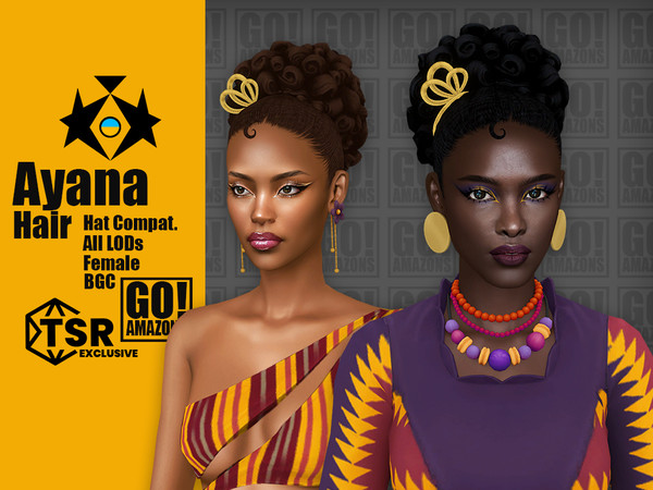 Sims 4 — Ayana Hair by GoAmazons — Curly afro updo hairstyle with golden accessory in maxis style.