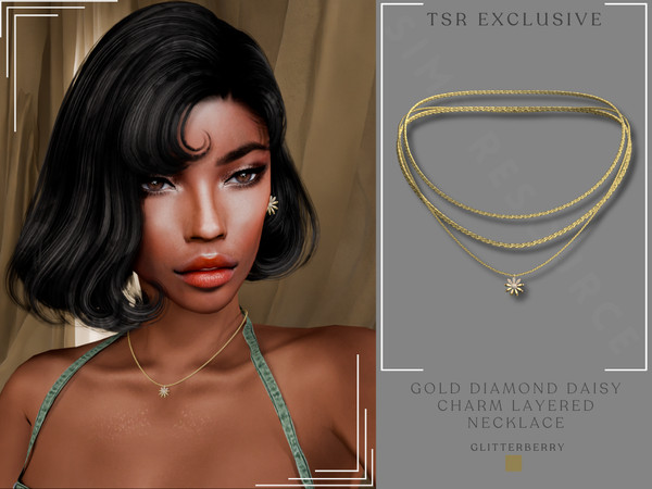 Sims 4 — Gold Diamond Daisy Cham Layered Necklace by Glitterberryfly — A gold diamond daisy chain layered necklace