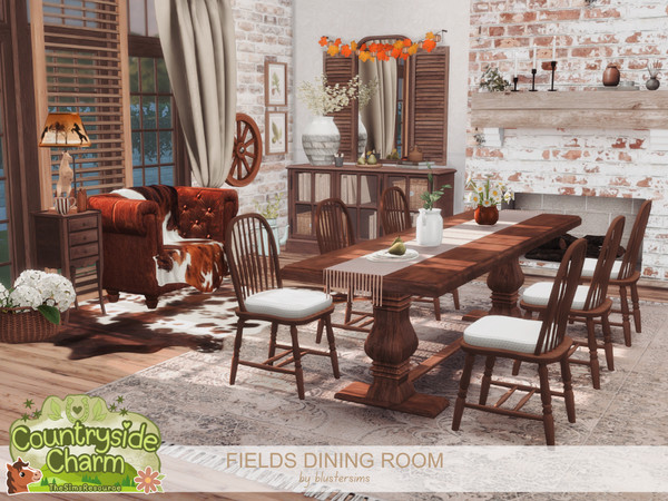Sims 4 — Fields Dining Room by BlusterSims — Fields Living Room combines rustic elegance with cozy farmhouse charm,