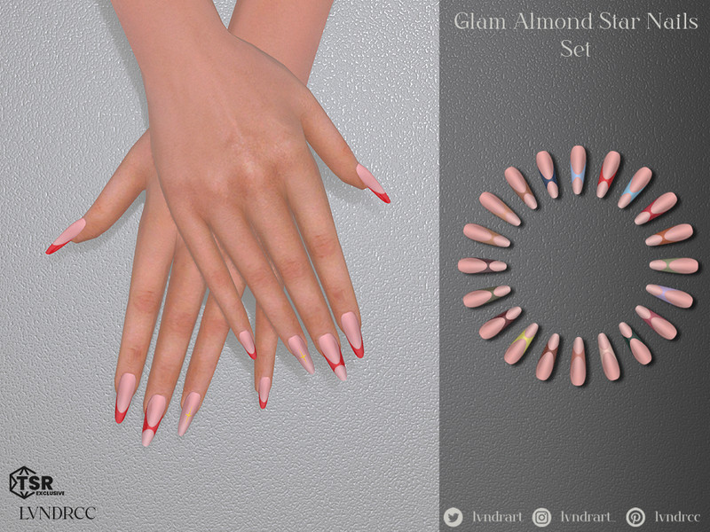 Sims 4 nail CC LVNDR_Long Glam Almond Star Graphic_Nails by LVNDRCC