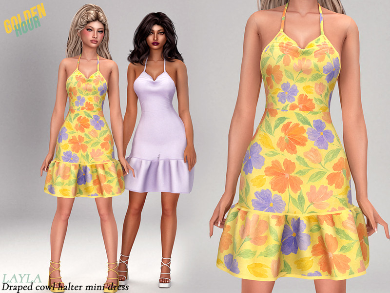 Sims 4 special occasion fashion CC Layla - Female draped cowl halter mini dress by Layla