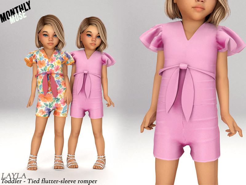 Sims 4 toddler girl clothing CC Layla - Toddler flutter-sleeve tied linen romper by Layla
