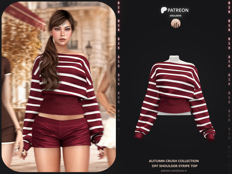 Sims 4 women’s top CC Autumn Crush Collection - 3 Off Shoulder Stripe Top by busra-tr