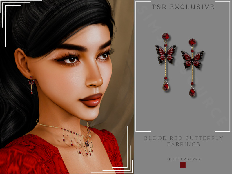 Sims 4 animal print and faux fur fashion CC Blood Red Butterfly Statement Earrings by Glitterberryfly