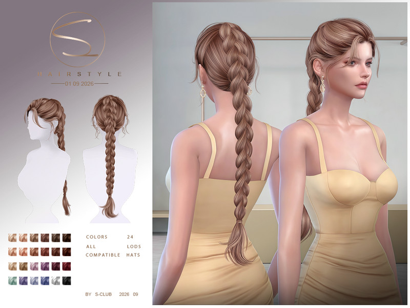 Sims 4 Black hairstyle CC S-CLUB braid ponytail HAIRSTYLE by S-Club