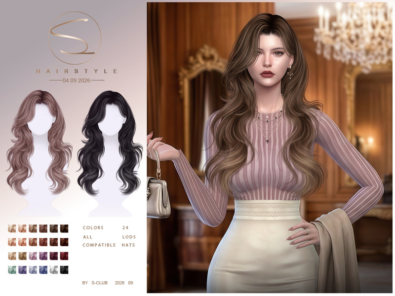 Sims 4 wavy hair CC S-CLUB Wavy curls hair by S-Club