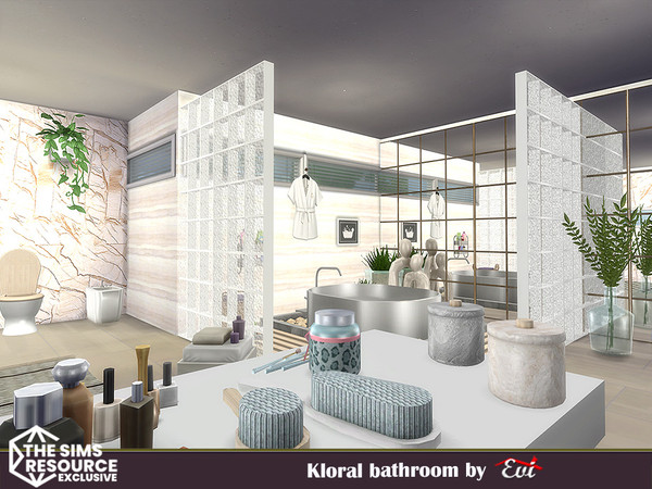 Sims 4 — Kloral bathroom by evi — Modern designed unique bathroom . It includes bathtub, shower sink, toilet and bidet.