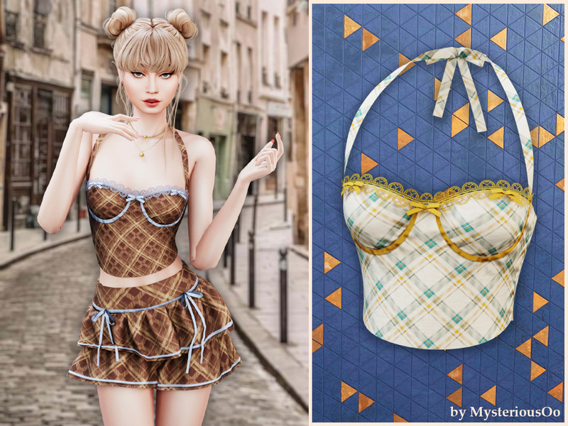 Sims 4 preppy plaid and campus fashion CC Plaid lace trim bustier top by MysteriousOo