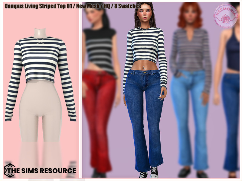 Sims 4 contemporary women’s clothing custom content CC Campus Living Striped Crop Top by Harmonia