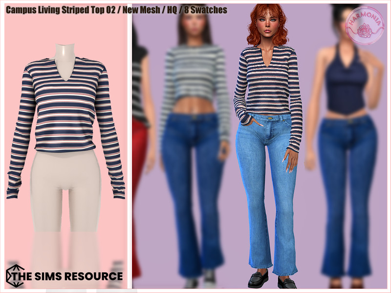 Sims 4 preppy plaid and campus fashion CC Campus Living Striped Blouse by Harmonia
