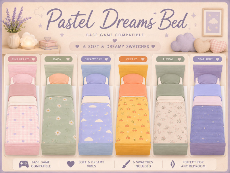Sims 4 functional object CC Pastel Dreams Bed - 6 Swatches - Base Game Compatible by EmmaSimsLife
