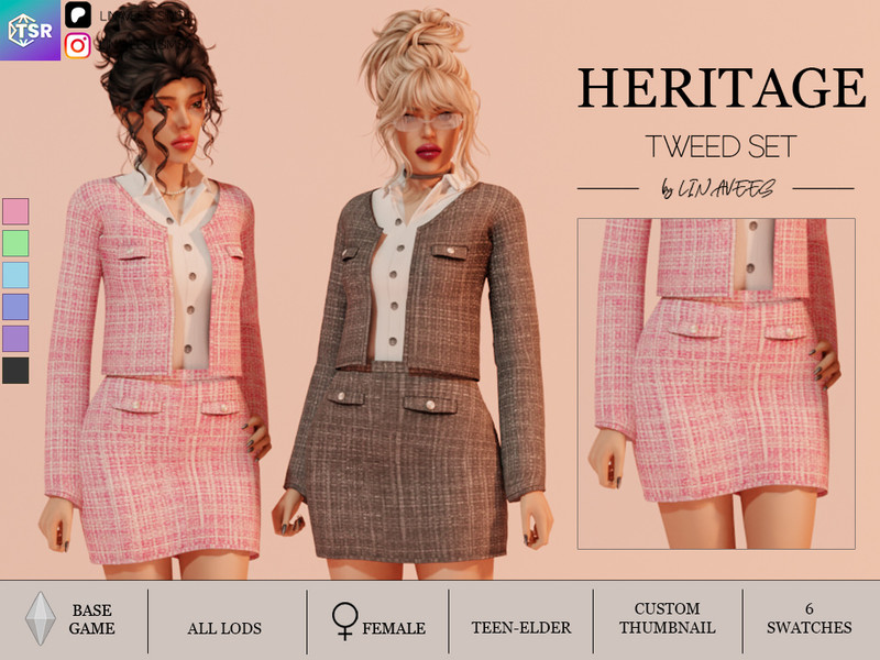 Sims 4 contemporary women’s clothing custom content CC HERITAGE - TWEED SET - SKIRT by linavees