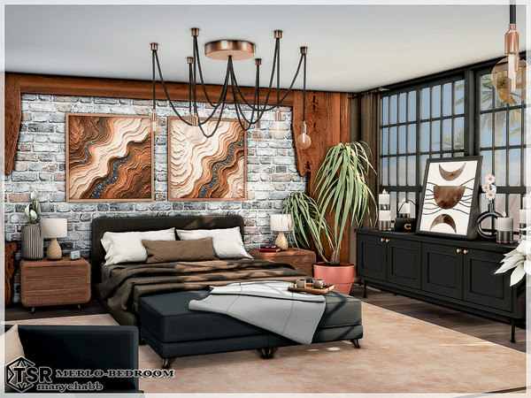 Sims 4 — Merlo-Bedroom by marychabb — Merlo is a bedroom decorated in shades of brown, black and beige. The look is