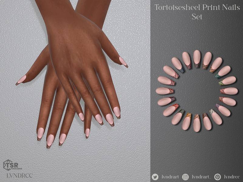 Sims 4 nail CC Short Ballerina Tortoisesheel Print Nails by LVNDRCC