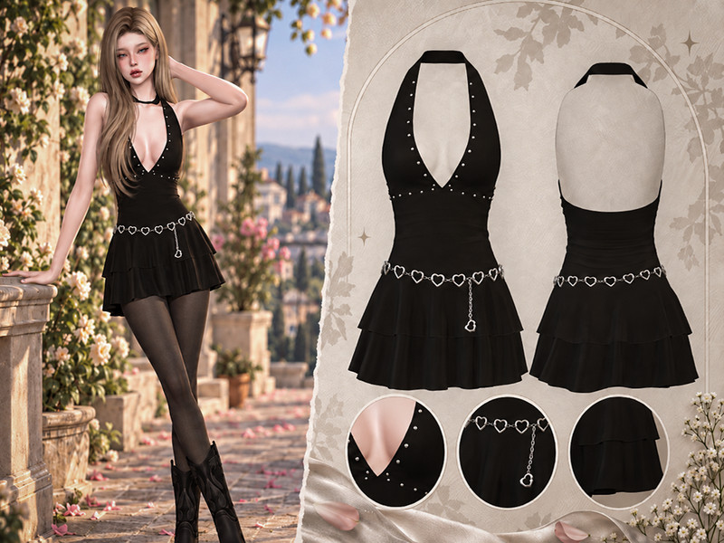 Sims 4 black midnight and monochrome fashion CC Midnight Heart Dress by MioraTR