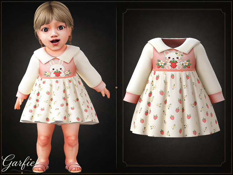 Sims 4 cute fashion CC Infant - Sweet animal print dress with strawberries and wide collar by Garfiel