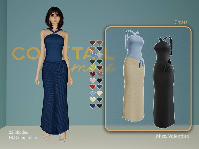 Sims 4 dress CC Chiara long halter dress with cut on the hip by MissValentine142