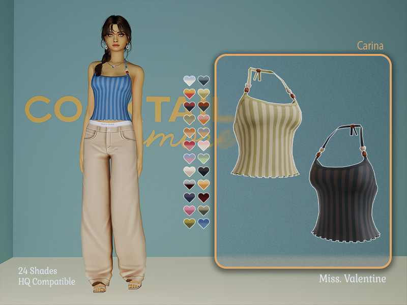 Sims 4 women’s top CC Carina halter stripe top by MissValentine142