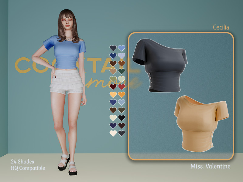 Sims 4 women’s top CC Cecilia asymetrical top with lower shoulder by MissValentine142