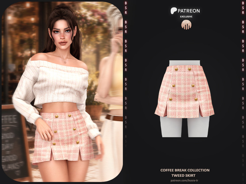 Sims 4 contemporary women’s clothing custom content CC Coffee Break Collection 1 Tweed Skirt by busra-tr