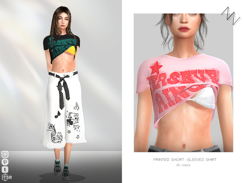 Sims 4 contemporary women’s clothing custom content CC PRINTED SHORT-SLEEVED SHIRT by ZNsims
