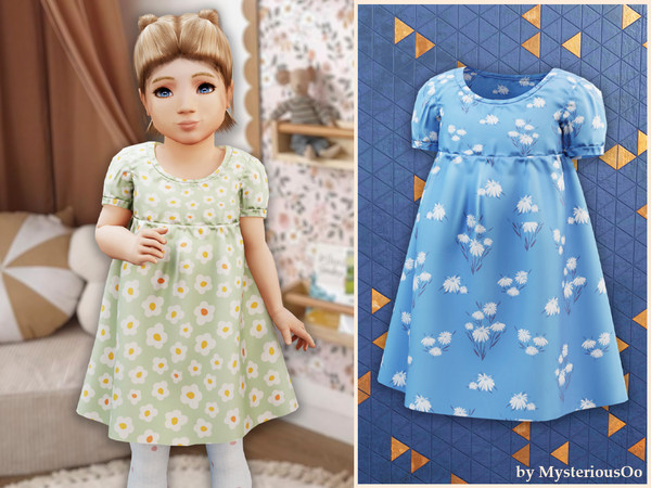 Sims 4 — Toddler  - Floral gathered dress by MysteriousOo — A charming toddler dress featuring short puff sleeves, a