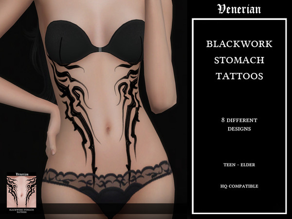 Sims 4 — Blackwork Stomach Tattoos by Venerian by Venerian — 8 swatches with 8 different designs No gender or frame