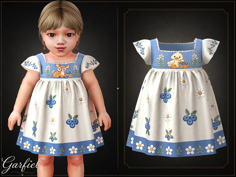 Sims 4 spring clothing CC Infant - Whimsical berry print dress with floral border trim by Garfiel
