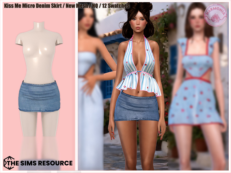 Sims 4 streetwear fashion CC Kiss Me Set Denim Skirt by Harmonia