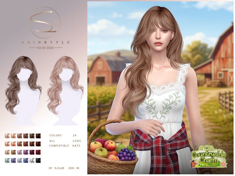 Sims 4 wavy hair CC S-CLUB Wavy curls hair Countryside Charm by S-Club