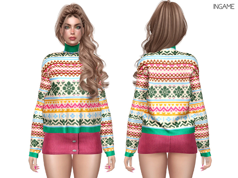 Sims 4 women’s top CC DAPHS - Clothes SET558 - Cozy Fair Isle Turtleneck Sweater C1846 - TSR by Daph's