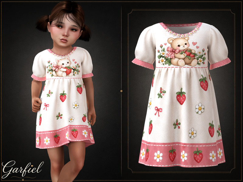 Sims 4 spring clothing CC Toddler - Sweet strawberry dress with cute character motif and floral trim by Garfiel