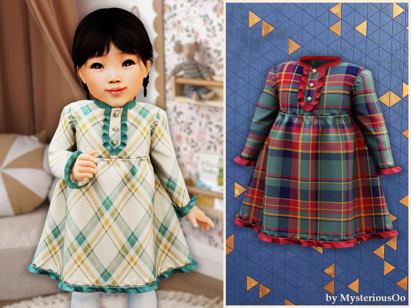 Sims 4 preppy plaid and campus fashion CC Infant - Plaid warm ruffle dress by MysteriousOo
