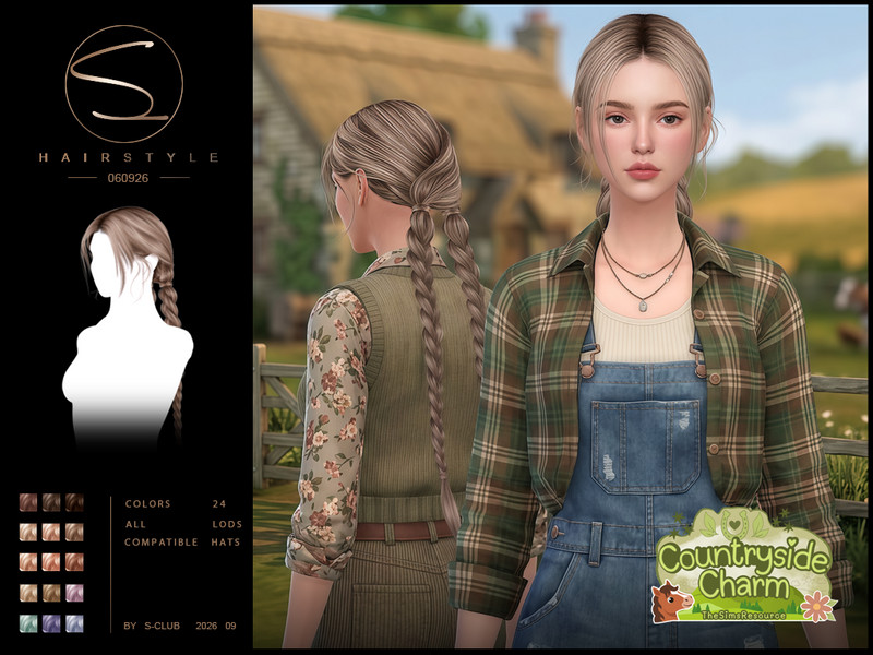 Sims 4 Black hairstyle CC S-CLUB double long braids hair Countryside Charm by S-Club