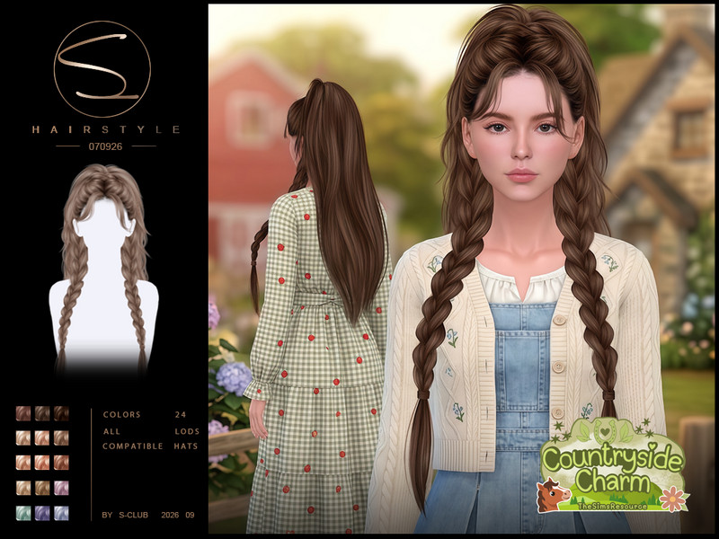 Sims 4 Black hairstyle CC S-CLUB Ponytail and double long braids hair Countryside Charm by S-Club
