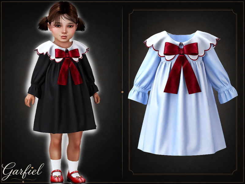 Sims 4 toddler girl clothing CC Toddler - Classic dress with scalloped collar and velvet bow by Garfiel