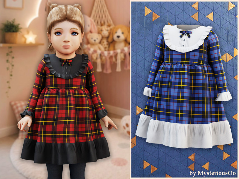 Sims 4 toddler girl clothing CC Toddler - Tartan bow collar dress by MysteriousOo