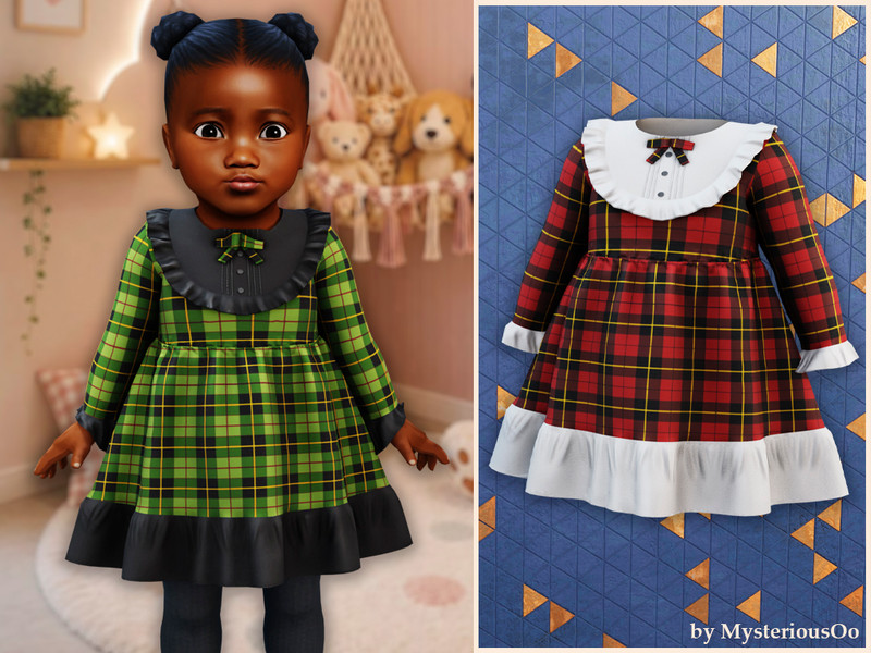 Sims 4 special occasion fashion CC Infant - Tartan bow collar dress by MysteriousOo