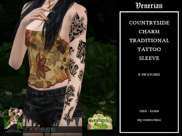 Sims 4 — Countryside Charm Traditional Tattoo sleeve by Venerian - Left Arm by Venerian — 6 swatches No gender or frame