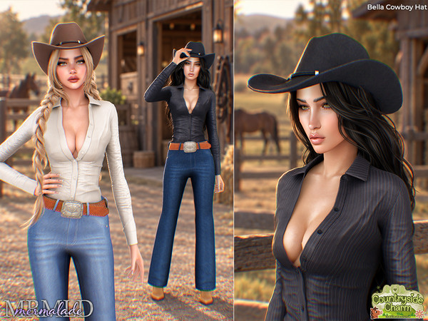 Sims 4 — Bella Cowboy Hat by Mermalade — Bella Ranch Shirt