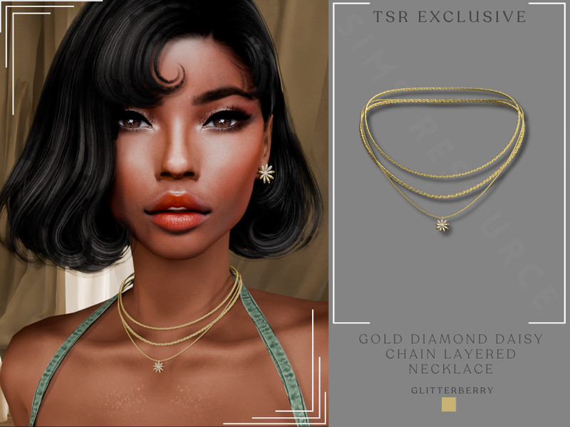 Sims 4 necklace CC Gold Diamond Daisy Cham Layered Necklace by Glitterberryfly