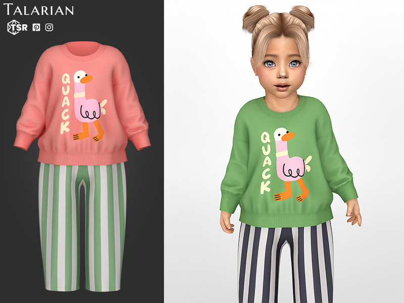 Sims 4 toddler girl clothing CC Arabella Outfit With Duck Sweatshirt And Striped Pants by talarian